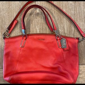 Coral Red Coach leather shoulder crossbody bag, corner wear & lipstick mark